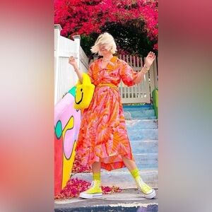 FARM Rio Coral Orange Floral Midi Dress